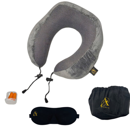 Complete Travel Set: Neck pillow, Eyemask, Ear Plugs & Carry bag - AurumLux